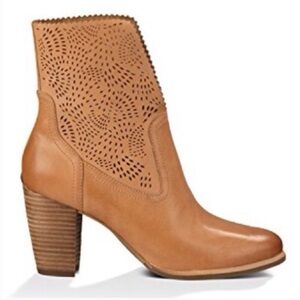 NWOT UGG Thames Tan Brown Leather Almond Toe‎ Fold Over Lasercut Heeled Boots 8